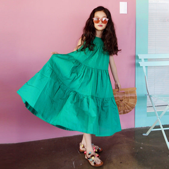 Girls' Big Swing Skirt Long Sleeveless Dress