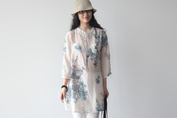 large size cotton and linen floral loose long paragraph seven-point sleeve shirt Korean version of the literary women's clothing