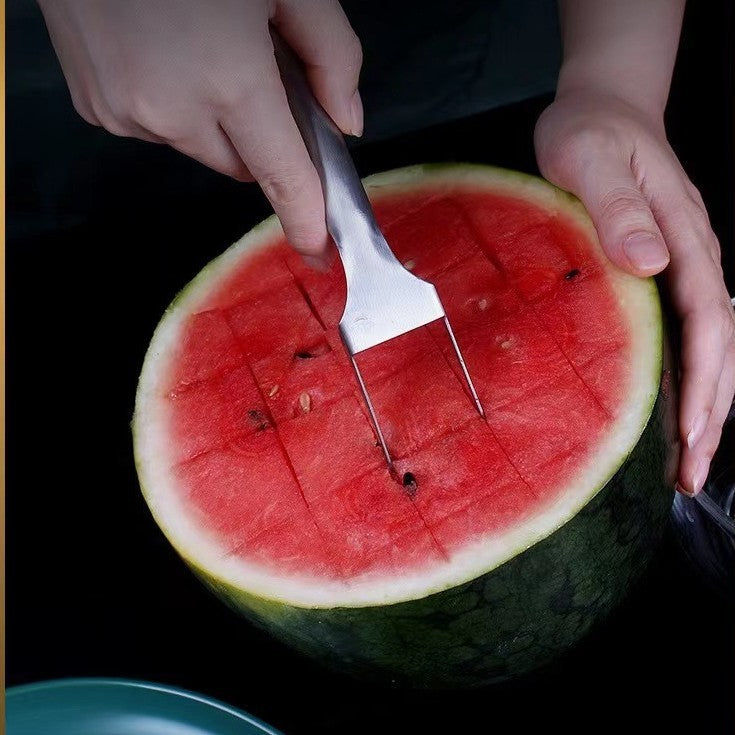 2 In 1 Watermelon Fork Slicer Multi-purpose Stainless Steel Watermelon Slicer Cutter Kitchen Fruit Cutting Fork Fruit Divider Kitchen Gadgets (Available)
