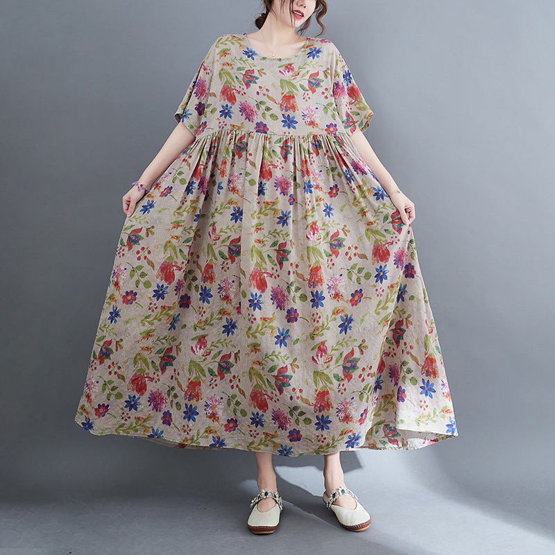 Artistic Large Size Loose Plump Girls Cotton And Linen Printed Short-sleeved Dress Women's Clothing