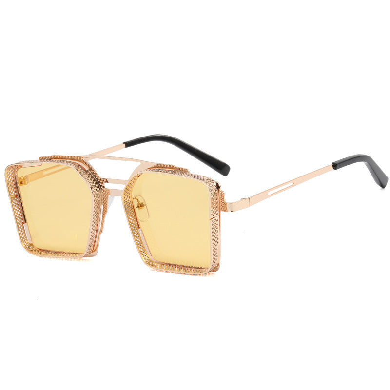 Steam Punk Sunglasses Men's Metal Hollow Square Frame Sunglasses Tide Double Beam Glasses