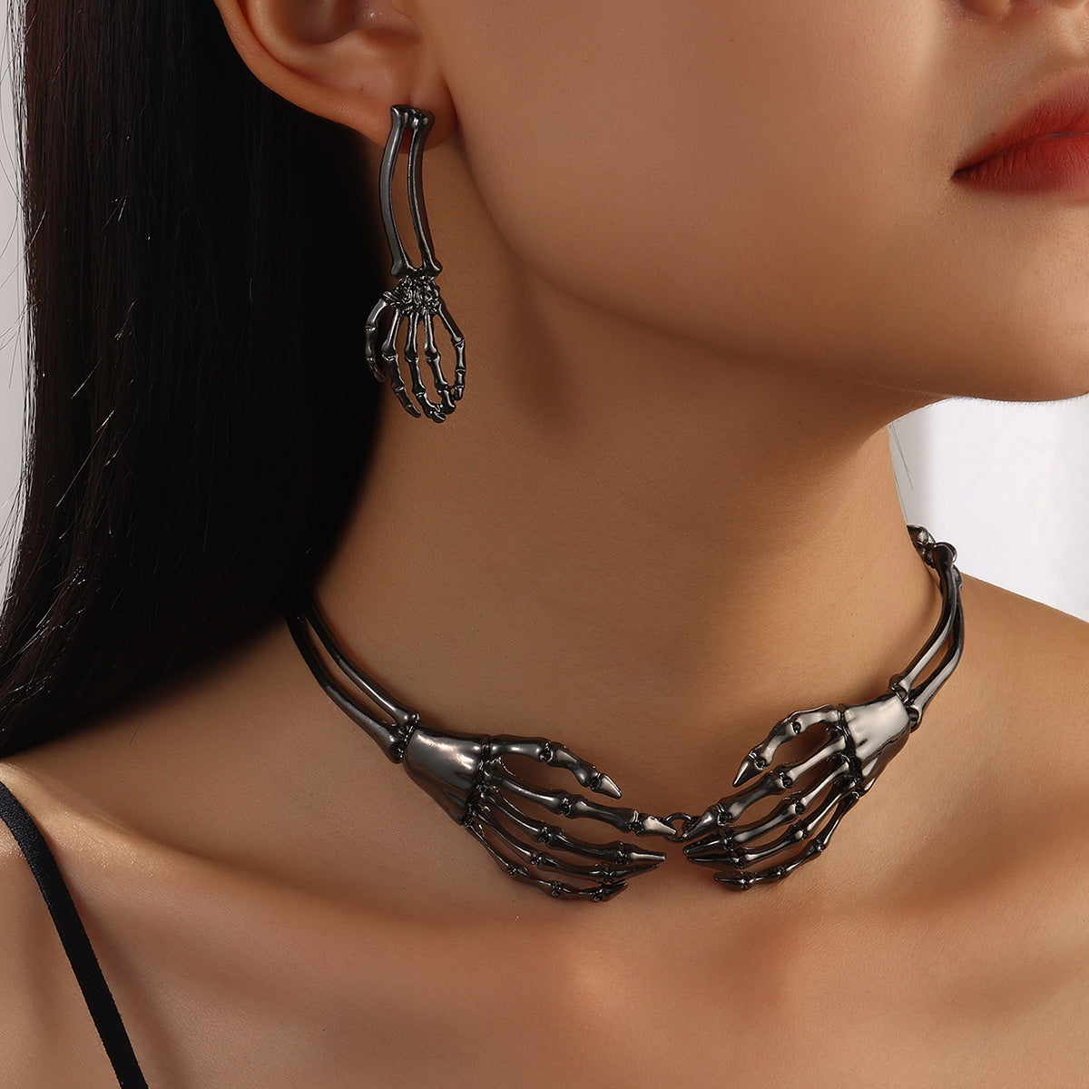 Metal Retro Bone Ghost Hand Necklace Necklace And Earrings Suite