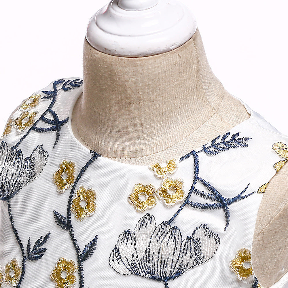 Girls' Embroidered Puff Mesh Color Matching Princess Dress