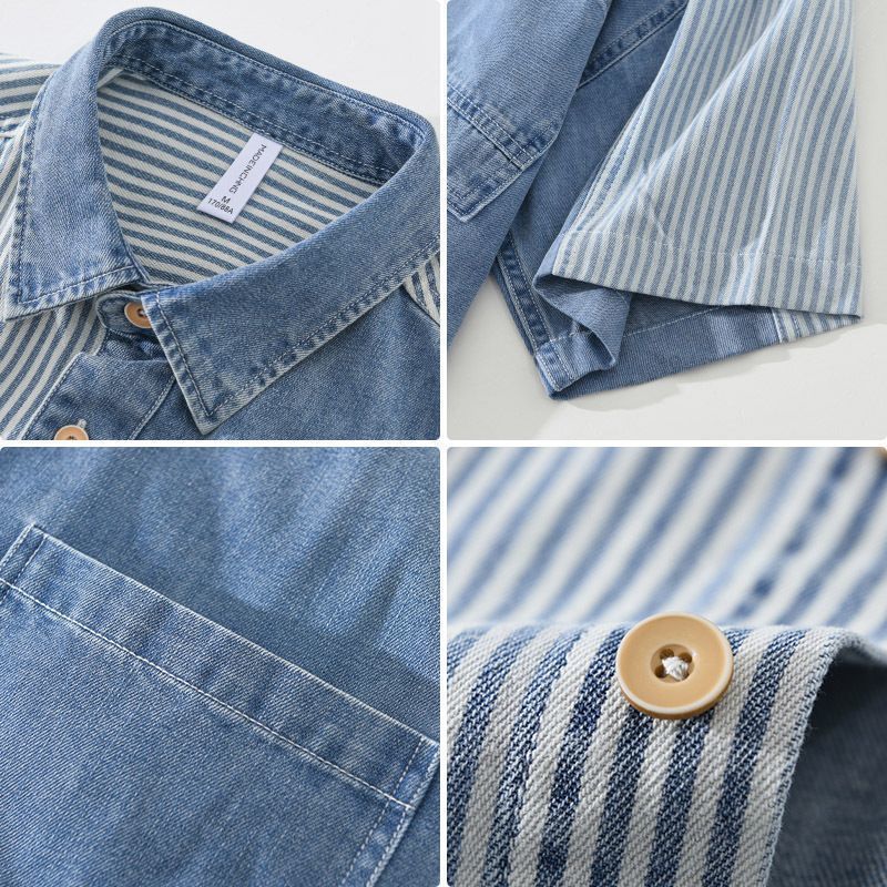 Design Sense Color Contrast Patchwork Striped Denim Short Sleeve Shirt