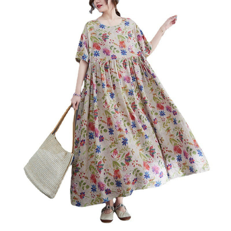 Artistic Large Size Loose Plump Girls Cotton And Linen Printed Short-sleeved Dress Women's Clothing