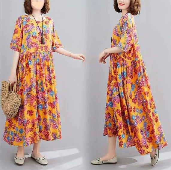 Artistic Large Size Loose Plump Girls Cotton And Linen Printed Short-sleeved Dress Women's Clothing