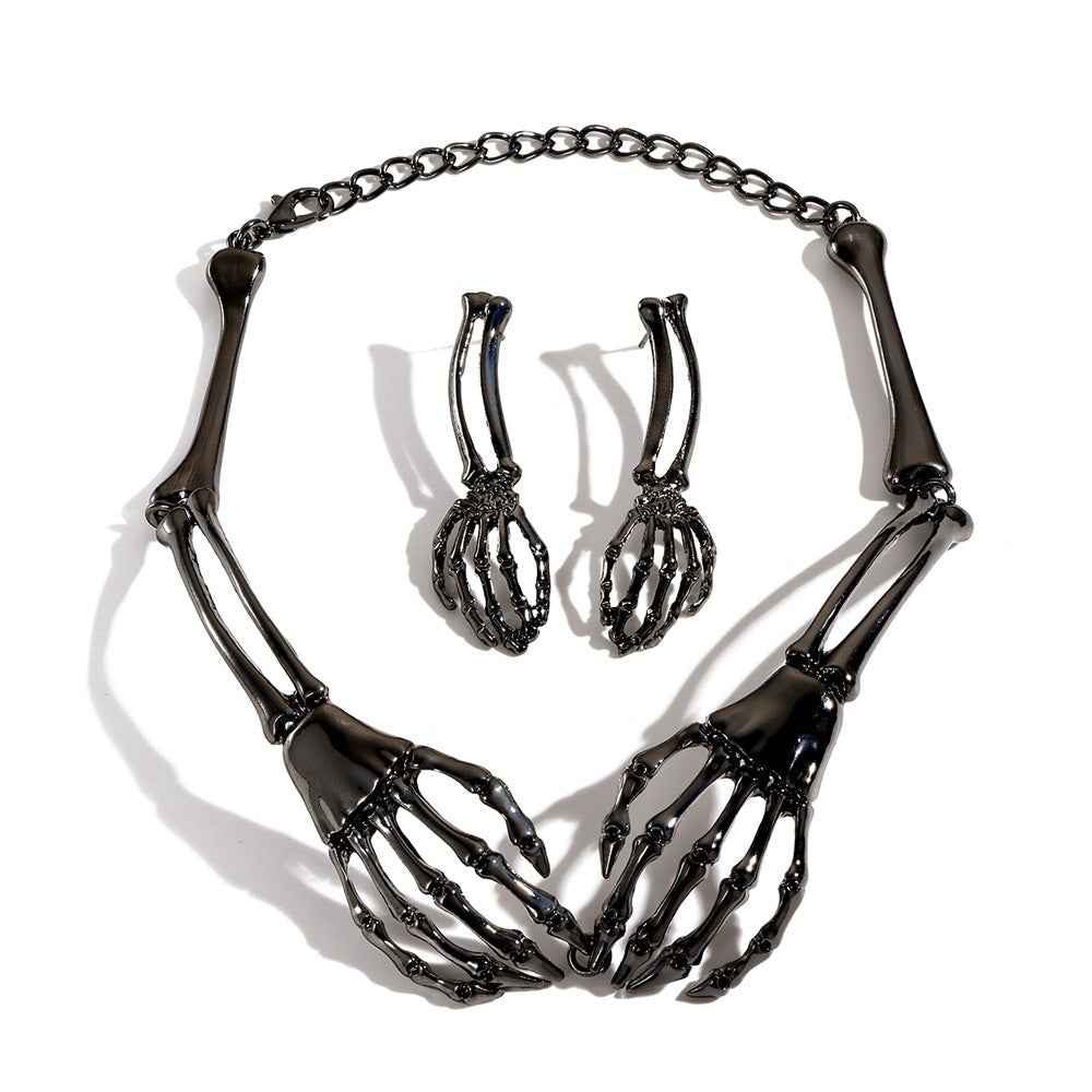 Metal Retro Bone Ghost Hand Necklace Necklace And Earrings Suite