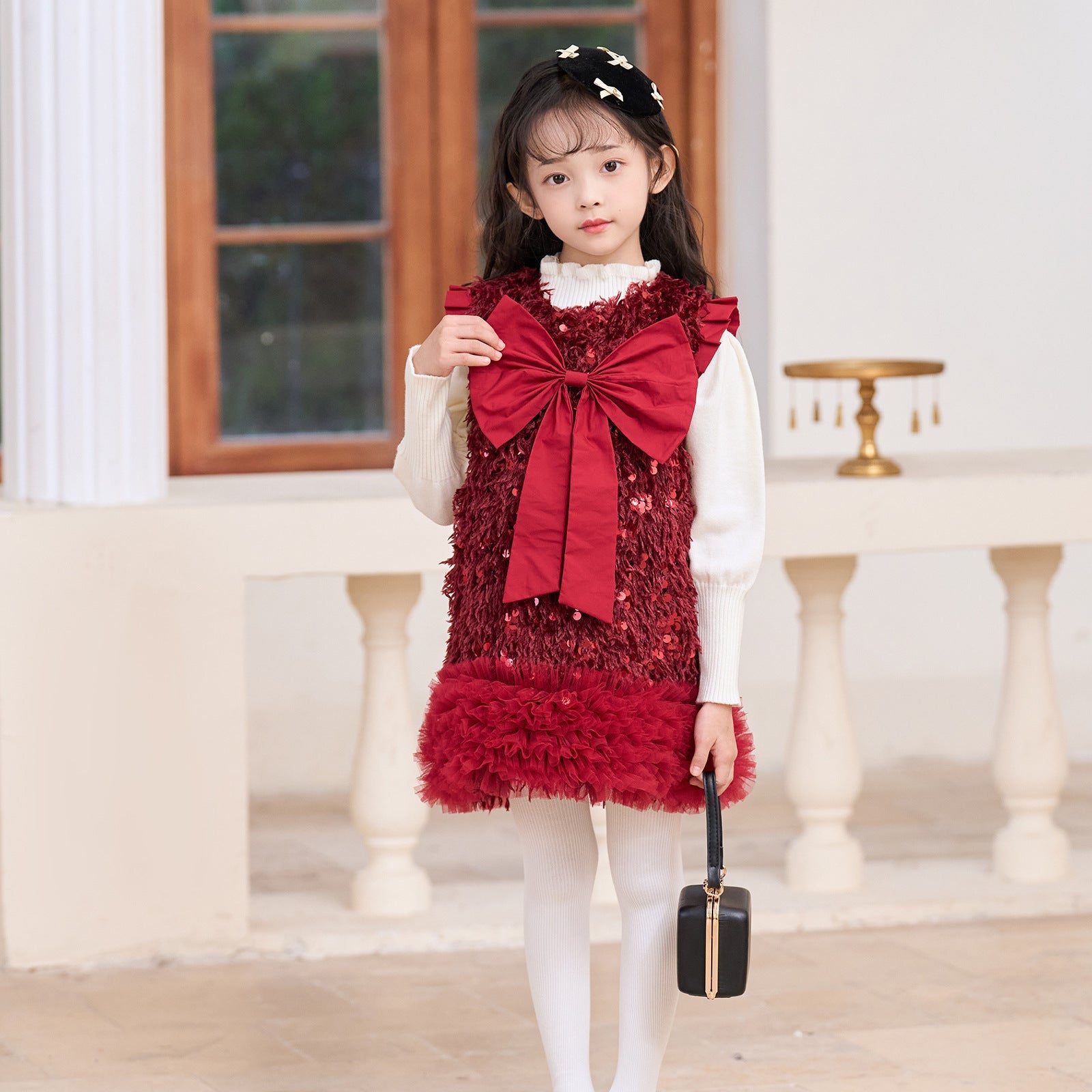 Girls' Wadding Sequined Bow Vest Dress