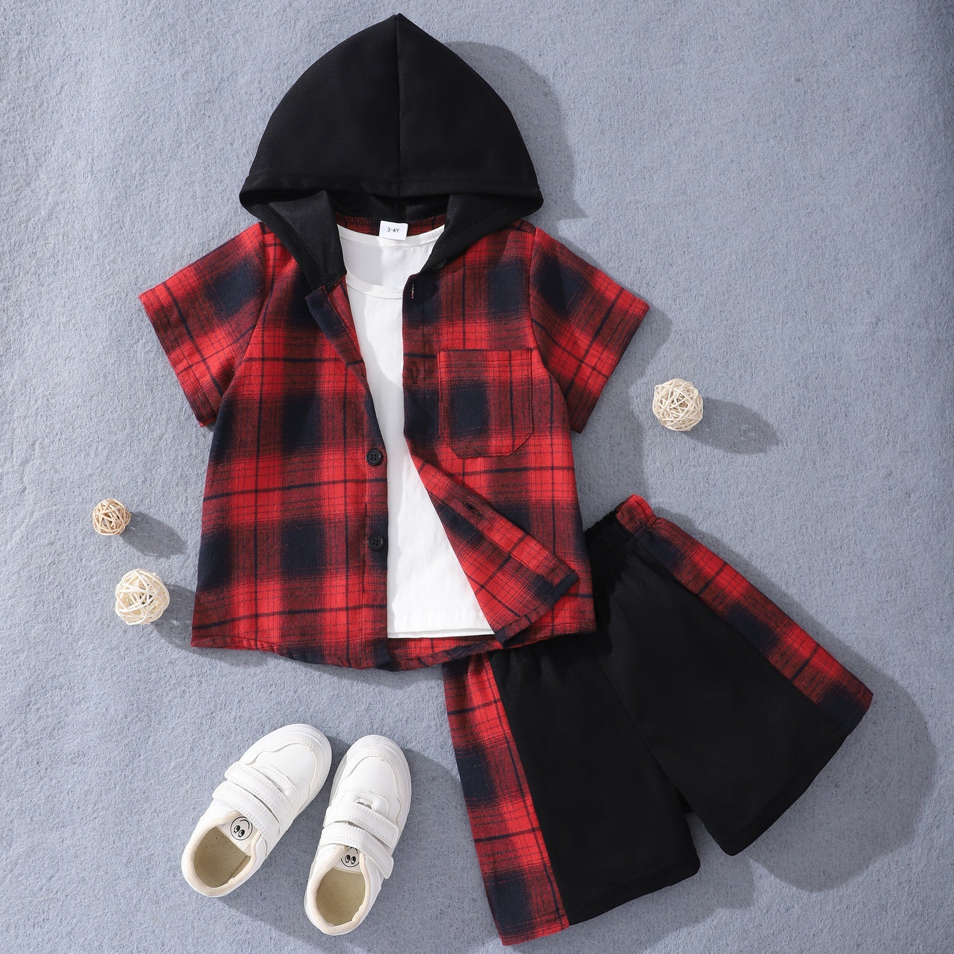 Fashion Children's Short Sleeve Hooded Plaid Suit