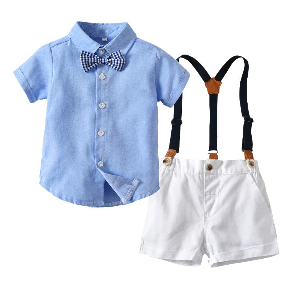 Summer Korean Style Boy's Short-sleeved Shirt Suspender Pants Suit