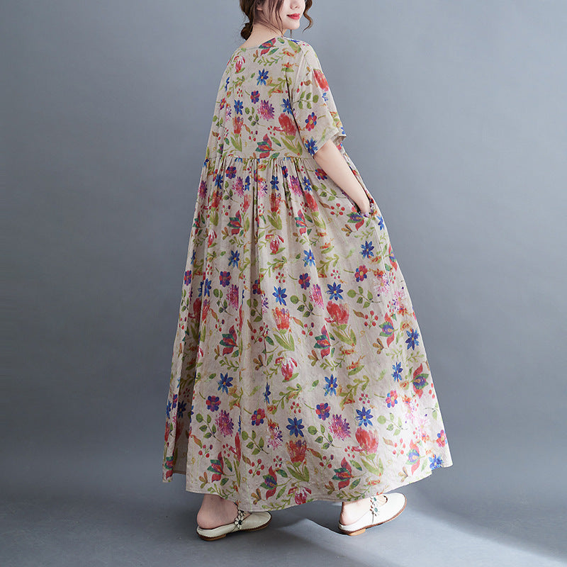 Artistic Large Size Loose Plump Girls Cotton And Linen Printed Short-sleeved Dress Women's Clothing