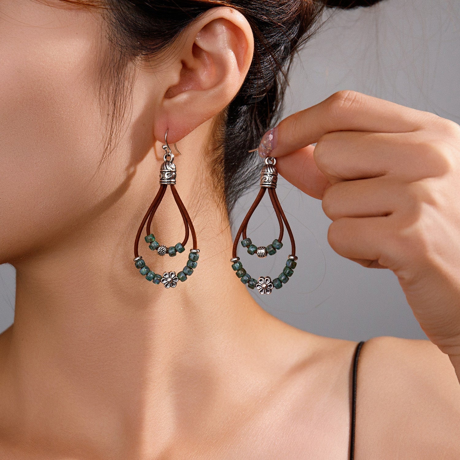 Vintage Earrings Ethnic Style Antique Silver Flower Turquoise Rope Pendant Women's Jewelry