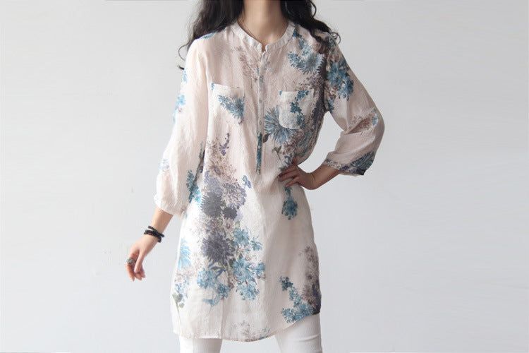 large size cotton and linen floral loose long paragraph seven-point sleeve shirt Korean version of the literary women's clothing