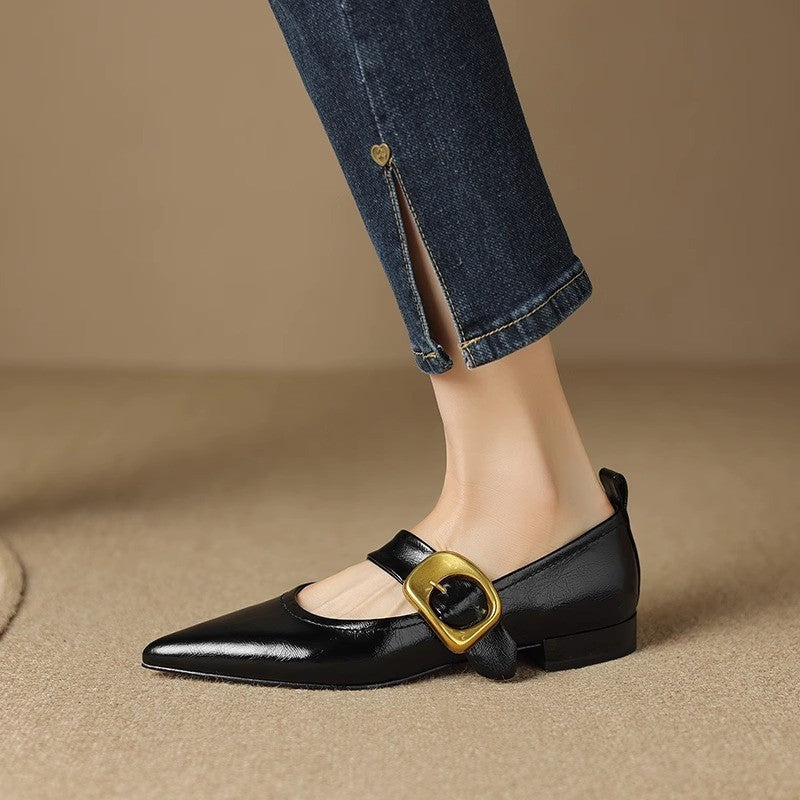 French Style Pointed Toe Shallow Mouth Low Heel Buckle Leather Shoes