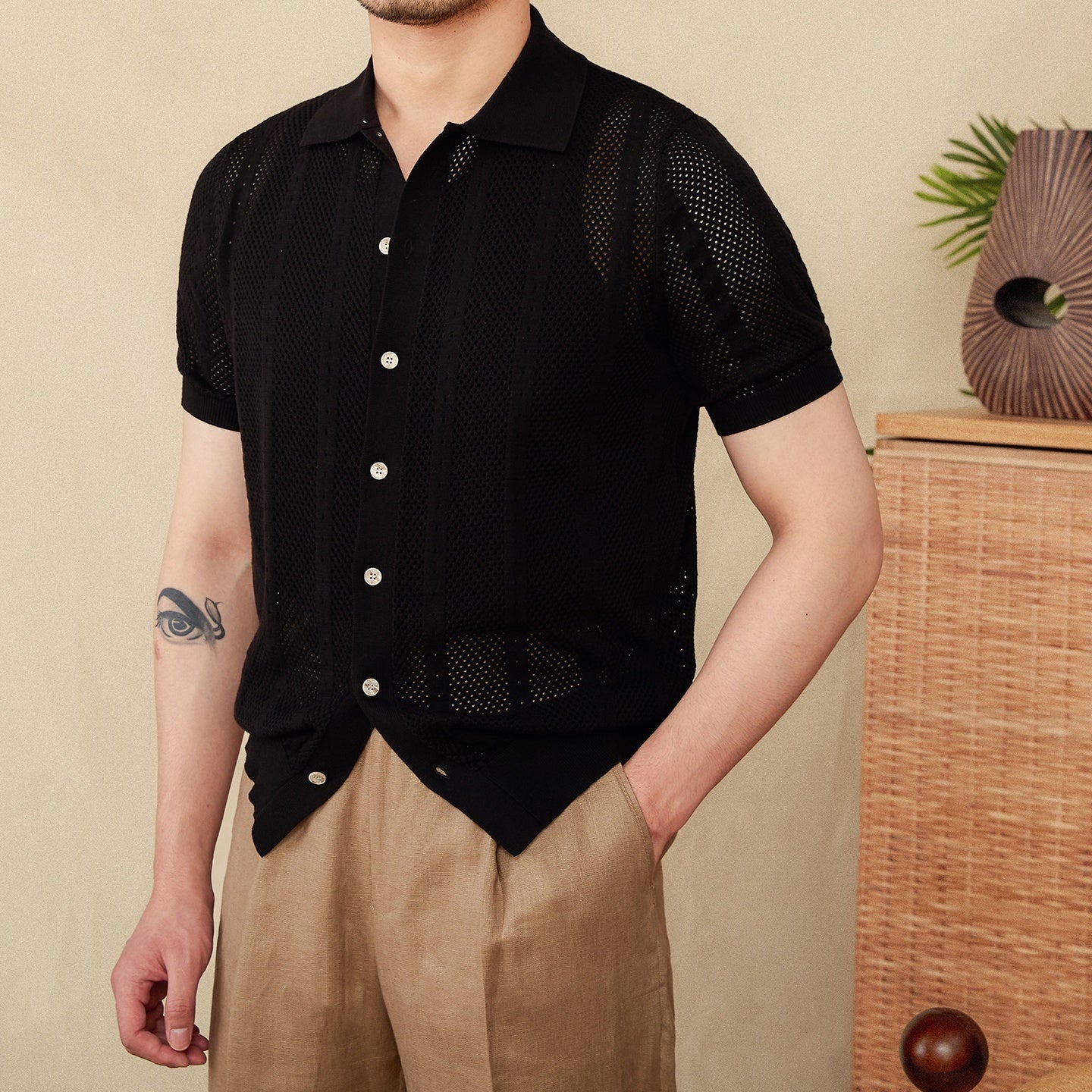 Short Sleeve Lapel Cardigan Breathable Stripes Knitted Casual Shirt Men