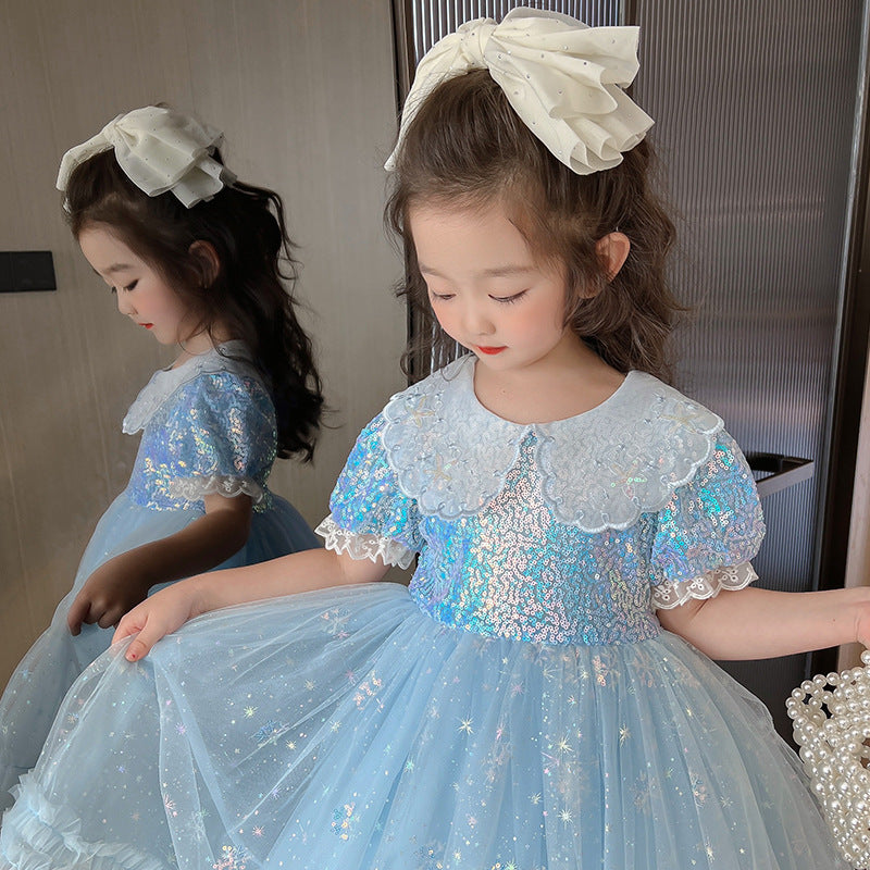 Girls Birthday Dress Doll Collar Sequins Umbrella Princess Dress