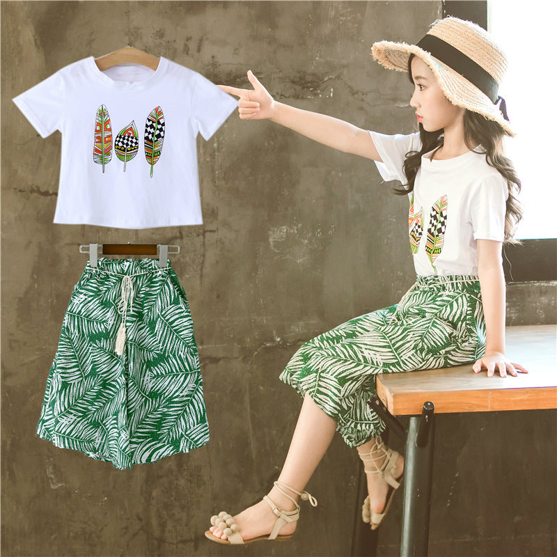 Korean Style Leaf Printed Wide-leg Pants Two-piece Set