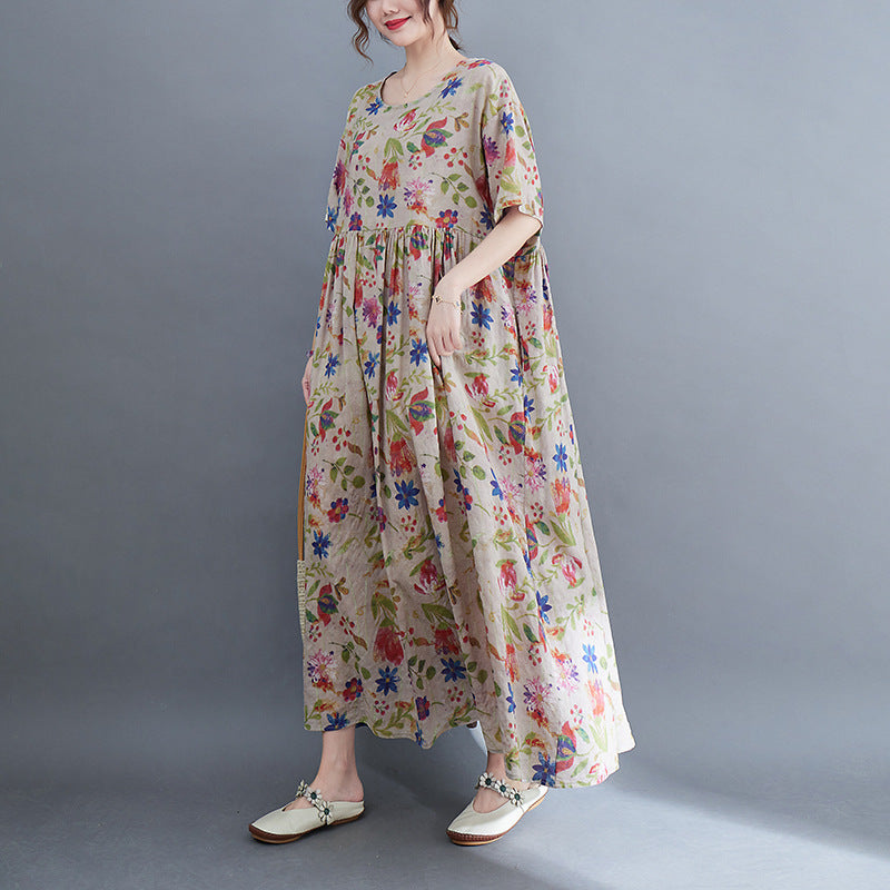 Artistic Large Size Loose Plump Girls Cotton And Linen Printed Short-sleeved Dress Women's Clothing