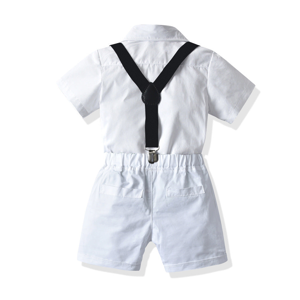 Boys' White Short-sleeved Shirt Suspender Shorts