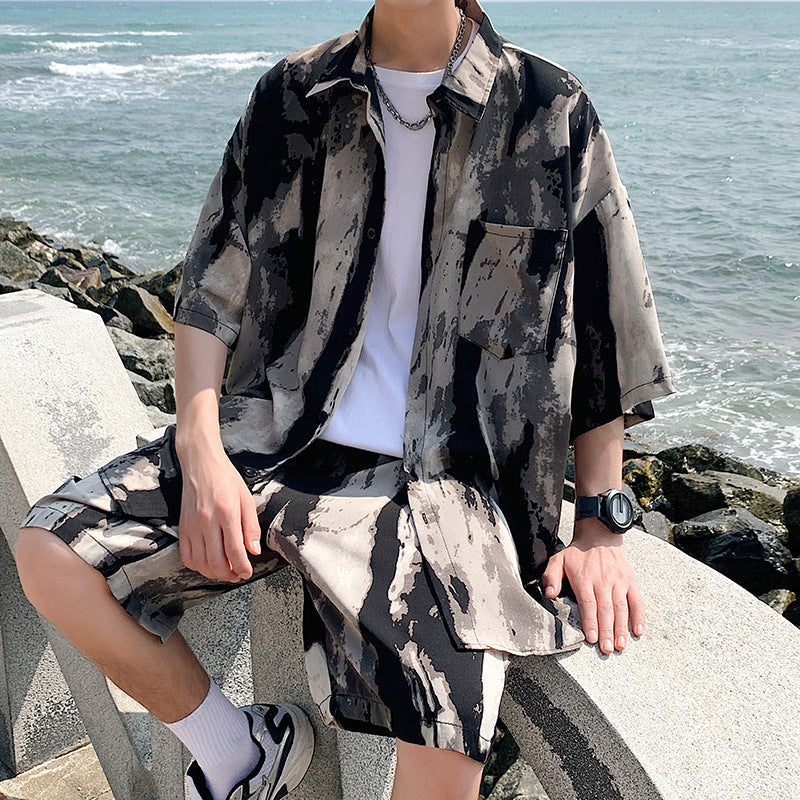 Printed Shirt Men's Beach Suit Summer Seaside Vacation Ice Silk Beach Pants Short Sleeve Men