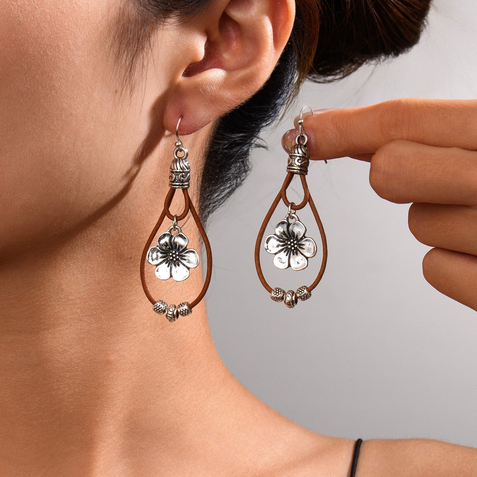 Vintage Earrings Ethnic Style Antique Silver Flower Turquoise Rope Pendant Women's Jewelry