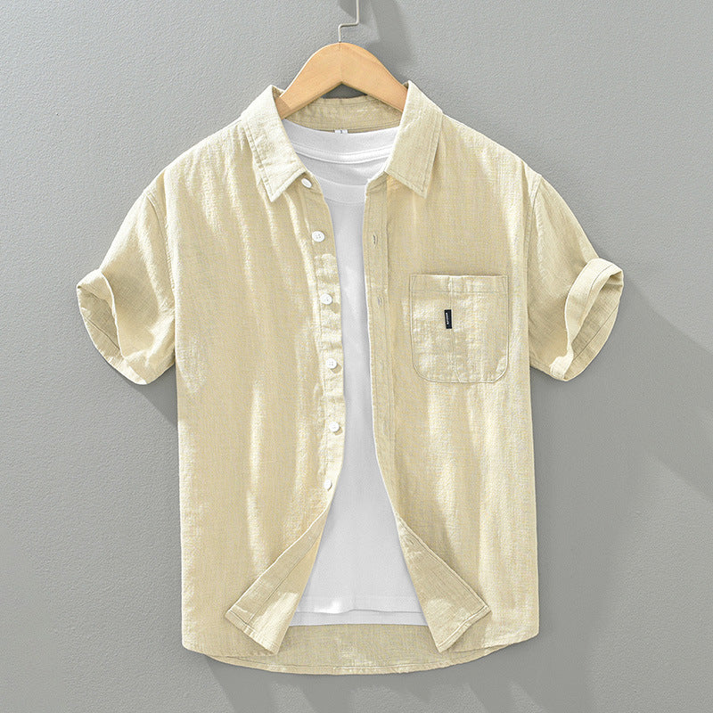 Solid Color Cotton And Linen Casual Fashion Short Sleeve Shirt