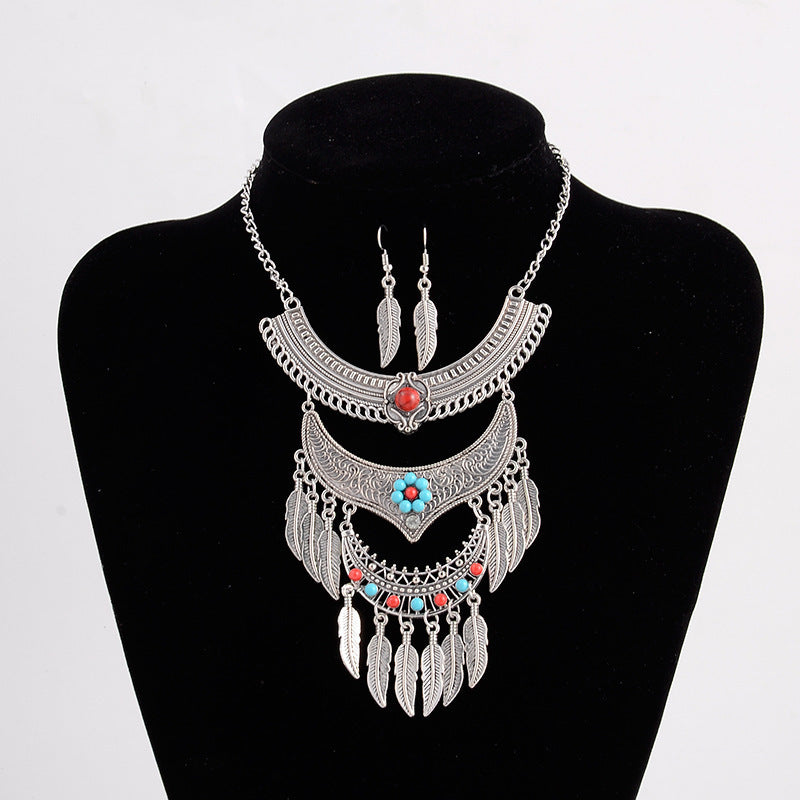 European And American Retro Multi-layer Alloy Tassel Leaves Necklace And Earrings Suite