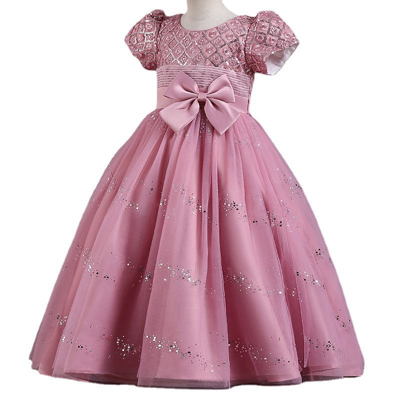 Girls' Fashion Sequin Bow Mesh Dress
