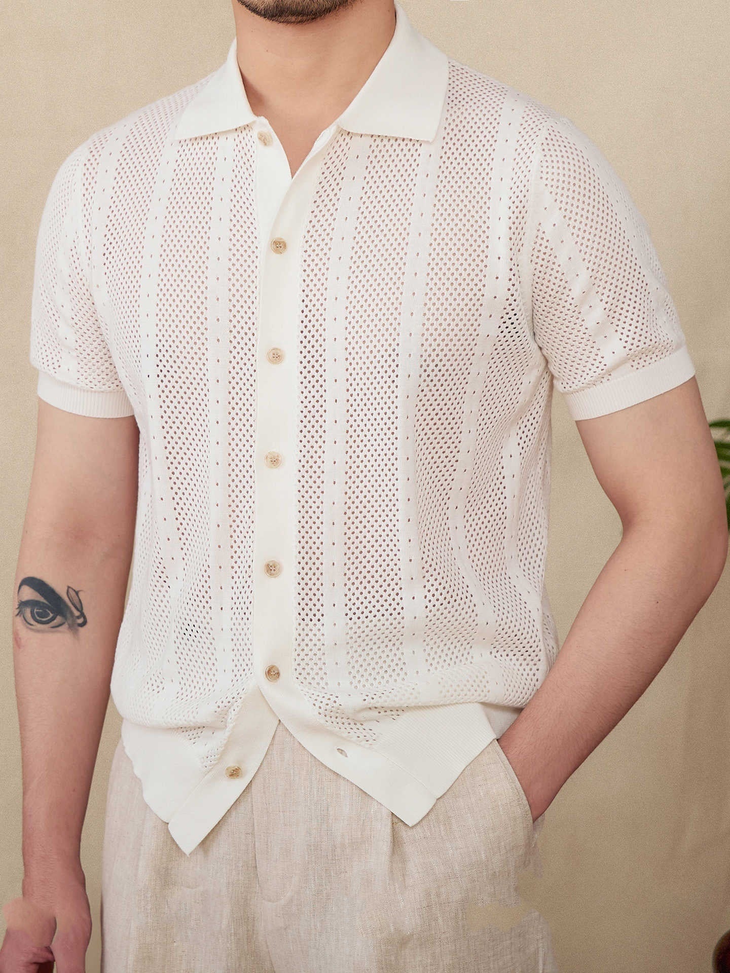 Short Sleeve Lapel Cardigan Breathable Stripes Knitted Casual Shirt Men