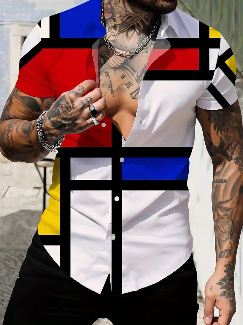 Men's New Geometric Line Style Printing Lapel Short Sleeve Shirt