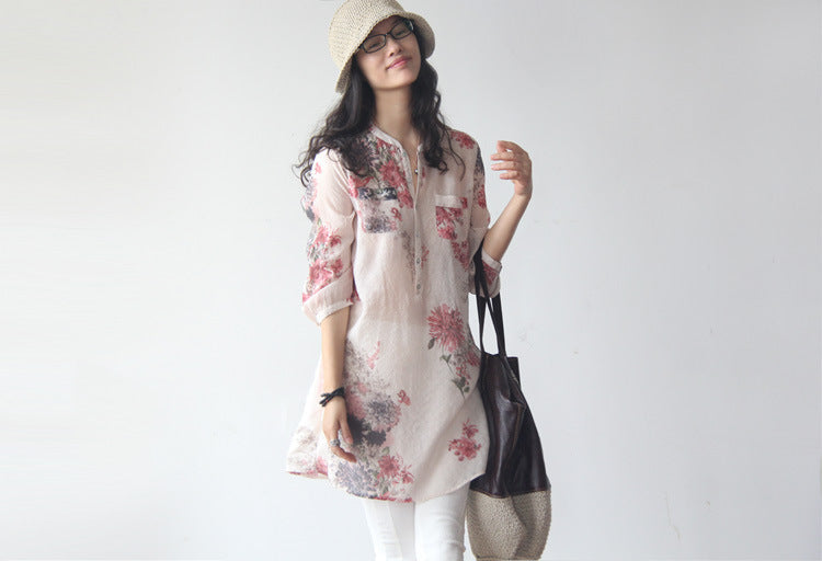 large size cotton and linen floral loose long paragraph seven-point sleeve shirt Korean version of the literary women's clothing