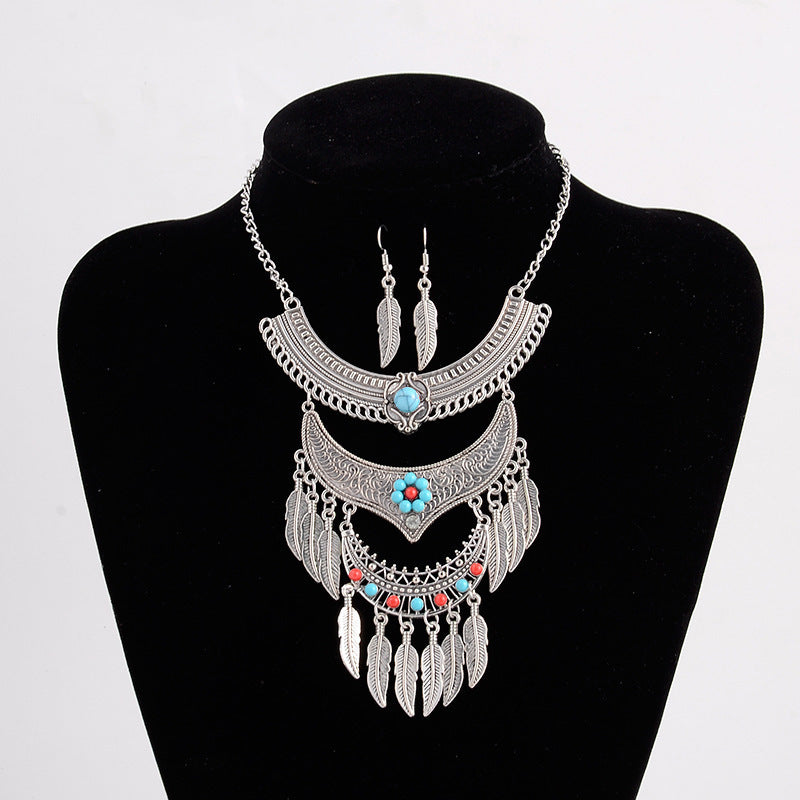 European And American Retro Multi-layer Alloy Tassel Leaves Necklace And Earrings Suite