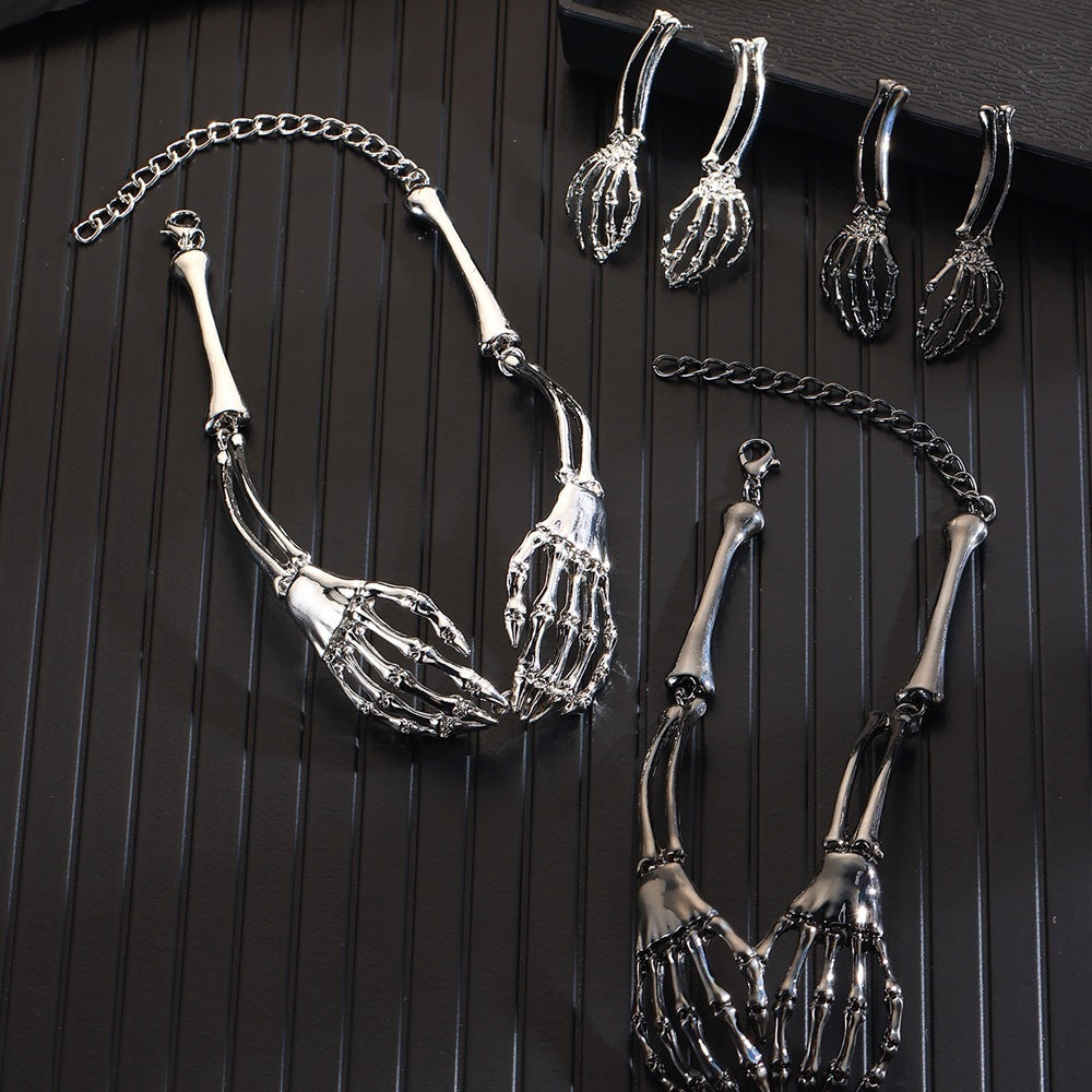 Metal Retro Bone Ghost Hand Necklace Necklace And Earrings Suite