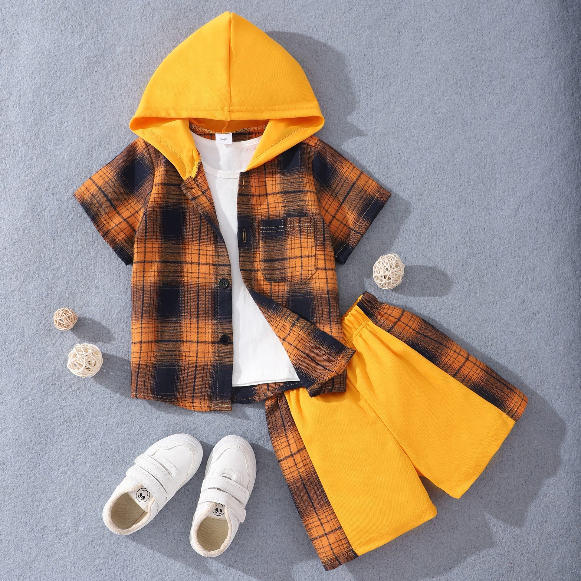 Fashion Children's Short Sleeve Hooded Plaid Suit