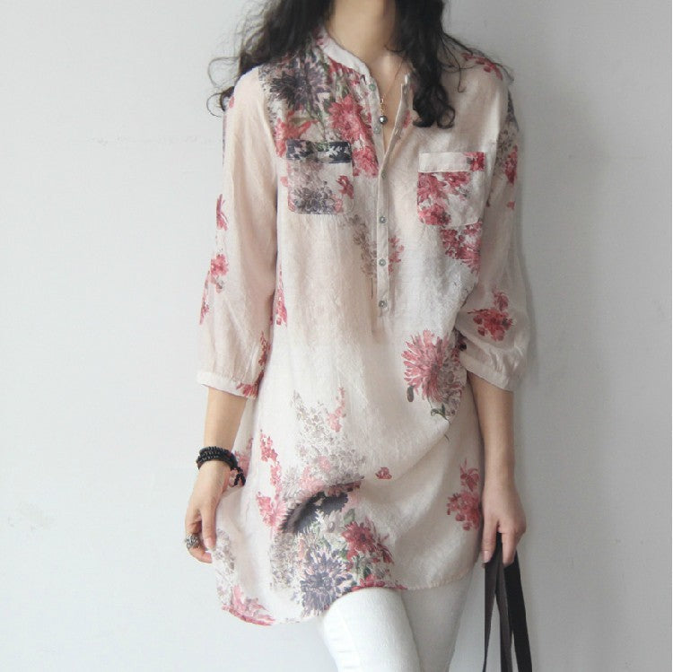 large size cotton and linen floral loose long paragraph seven-point sleeve shirt Korean version of the literary women's clothing