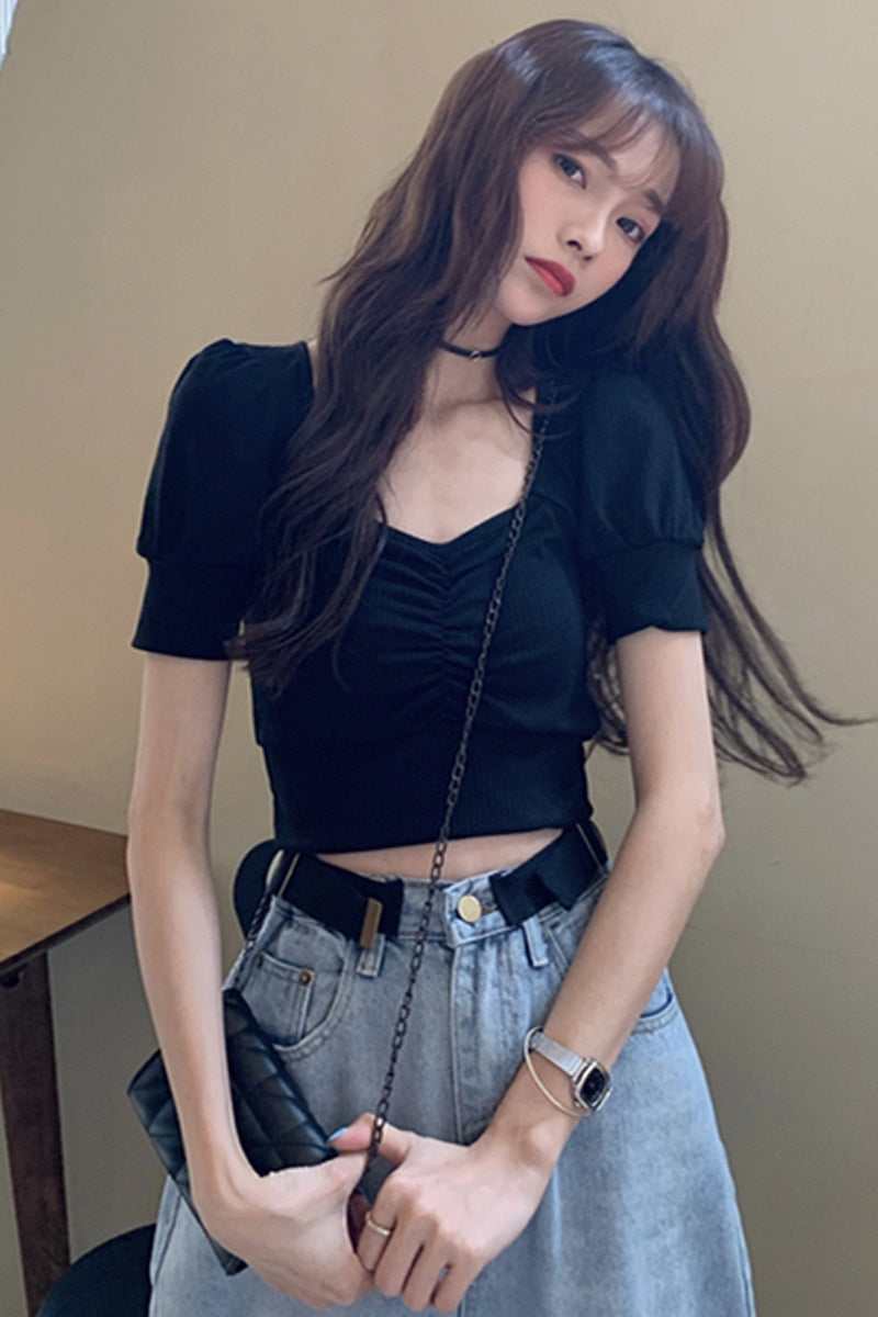 Bubble Sleeve Knitted Short Sleeve T-shirt Women''s Summer Short