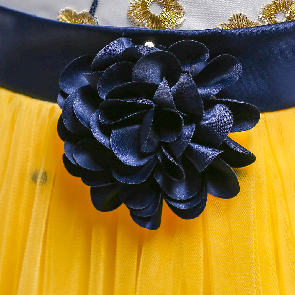 Girls' Embroidered Puff Mesh Color Matching Princess Dress