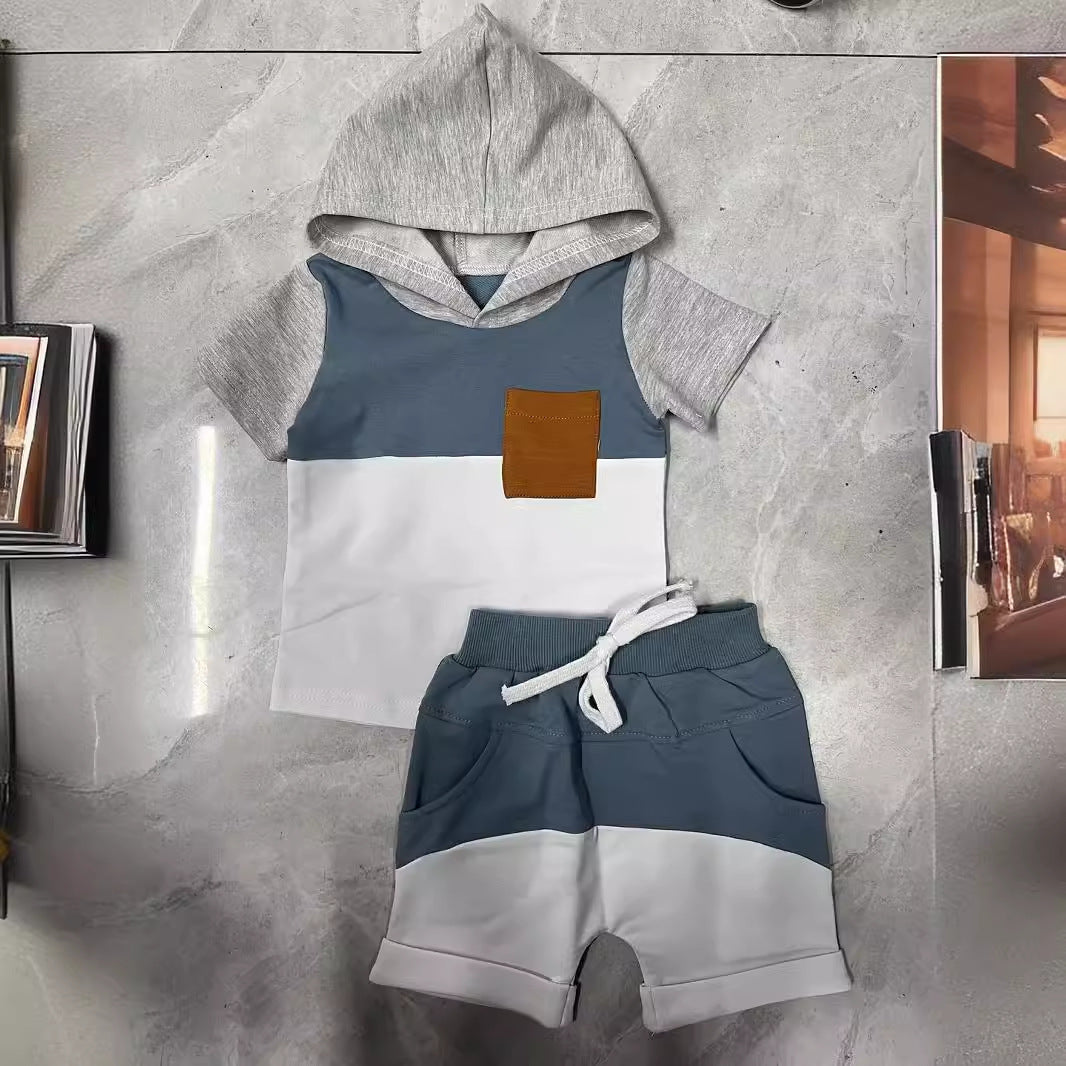 Boys And Girls Color-block Crew Neck Hooded Suits