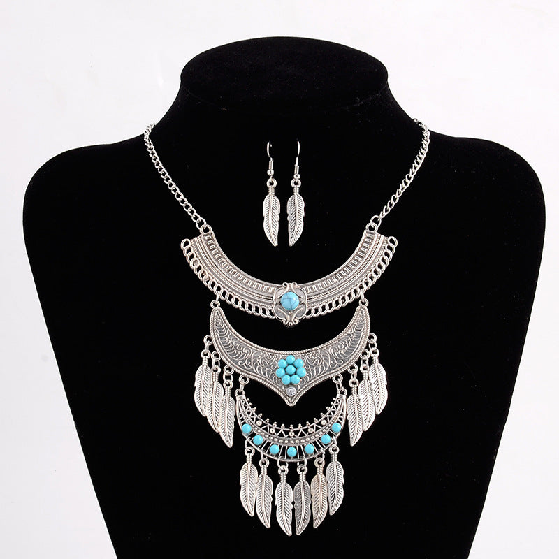 European And American Retro Multi-layer Alloy Tassel Leaves Necklace And Earrings Suite