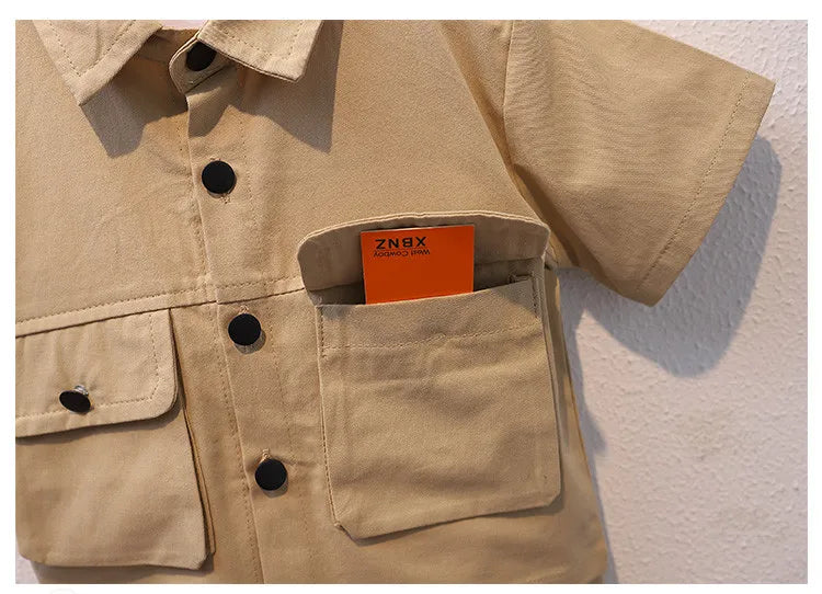 Summer Kids 2024 Summer New Boys Suit Child Buttons Shirt Cargo Shorts Multi-pocket Workwear Suit Short Sleeve Shorts Cotton Set