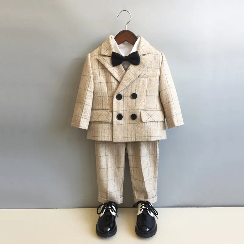 Child Formal British Plaid Dress Suits Set Spring And Autumn Boys Birthday Party Wedding Piano Show Costume Kids Blazer Pants