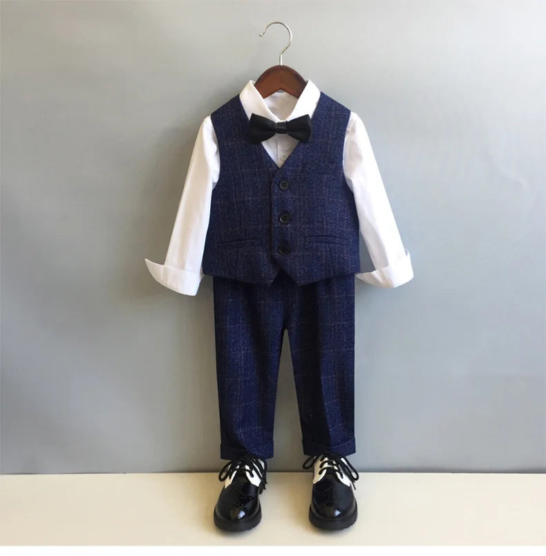 Child Formal British Plaid Dress Suits Set Spring And Autumn Boys Birthday Party Wedding Piano Show Costume Kids Blazer Pants