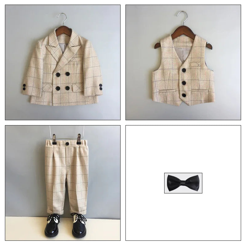 Child Formal British Plaid Dress Suits Set Spring And Autumn Boys Birthday Party Wedding Piano Show Costume Kids Blazer Pants
