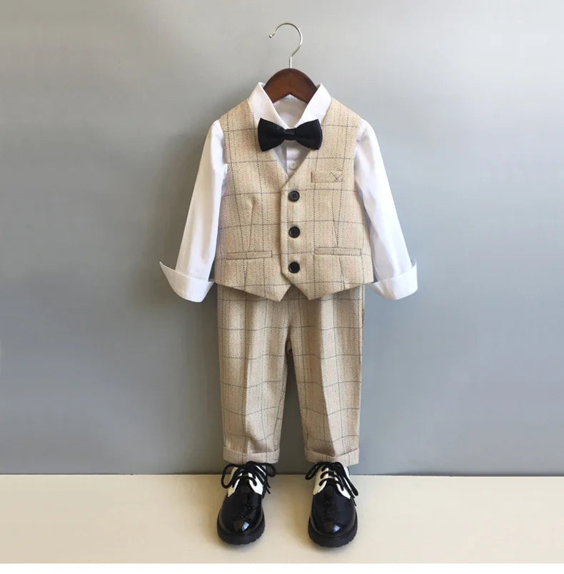 Child Formal British Plaid Dress Suits Set Spring And Autumn Boys Birthday Party Wedding Piano Show Costume Kids Blazer Pants