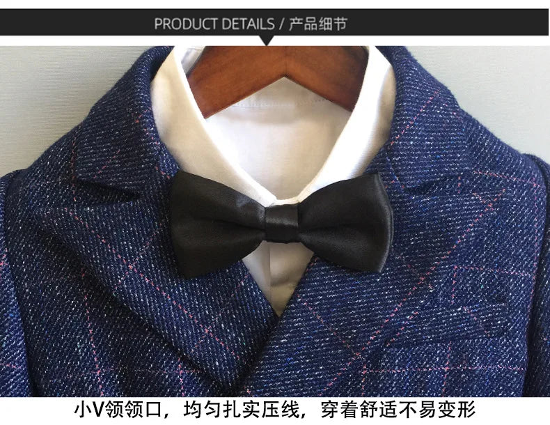 Child Formal British Plaid Dress Suits Set Spring And Autumn Boys Birthday Party Wedding Piano Show Costume Kids Blazer Pants