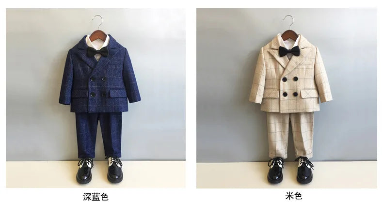 Child Formal British Plaid Dress Suits Set Spring And Autumn Boys Birthday Party Wedding Piano Show Costume Kids Blazer Pants