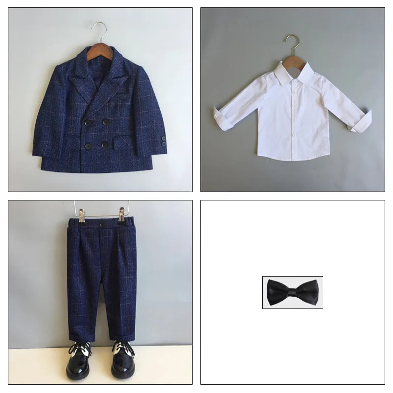 Child Formal British Plaid Dress Suits Set Spring And Autumn Boys Birthday Party Wedding Piano Show Costume Kids Blazer Pants