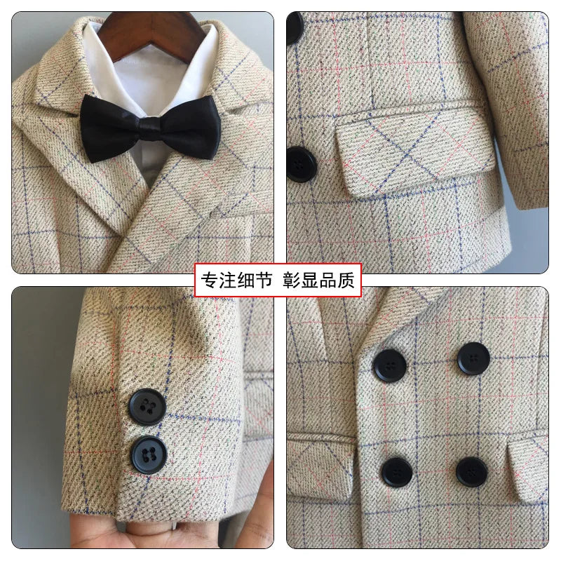 Child Formal British Plaid Dress Suits Set Spring And Autumn Boys Birthday Party Wedding Piano Show Costume Kids Blazer Pants