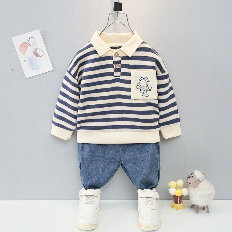 New Spring Causal Suit Kids Boys Girls Cartoon Strips T Shirt Pants 2pcs/Set Children Clothing Kids Infant Sportswear 0-5 Years