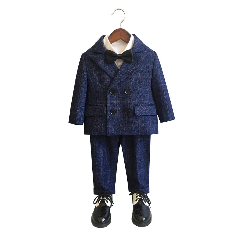 Child Formal British Plaid Dress Suits Set Spring And Autumn Boys Birthday Party Wedding Piano Show Costume Kids Blazer Pants